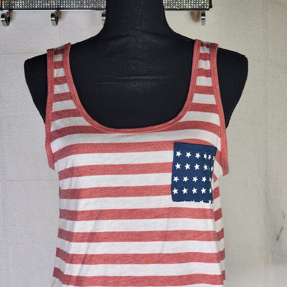 Fifth Sun Red White Stripe Blue Pocket with White Stars Poly Rayon Tank Top Sz L - Picture 3 of 16